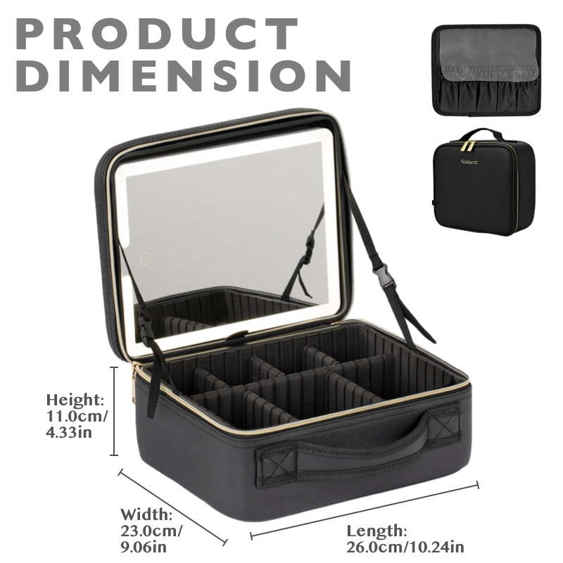 Travel Cosmetic Bag with LED Mirror Makeup Bag - Black