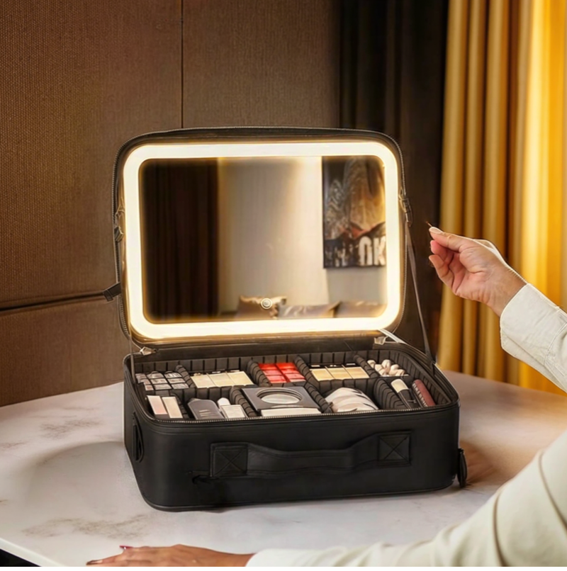 Travel Cosmetic Bag with LED Mirror Makeup Bag - Black