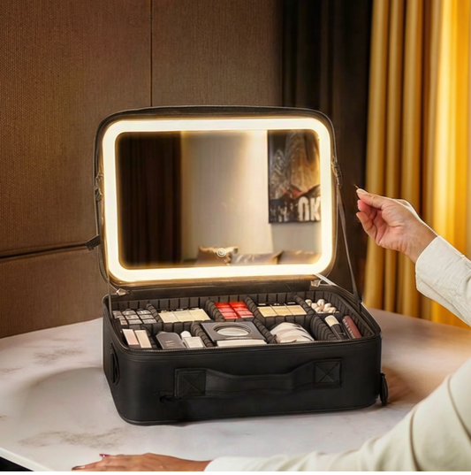Travel Cosmetic Bag with LED Mirror Makeup Bag - Black