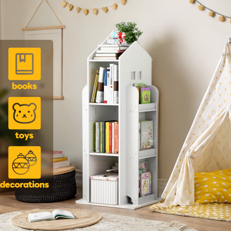 360-Degree Rotating Bookshelf Castle Display Stand, White