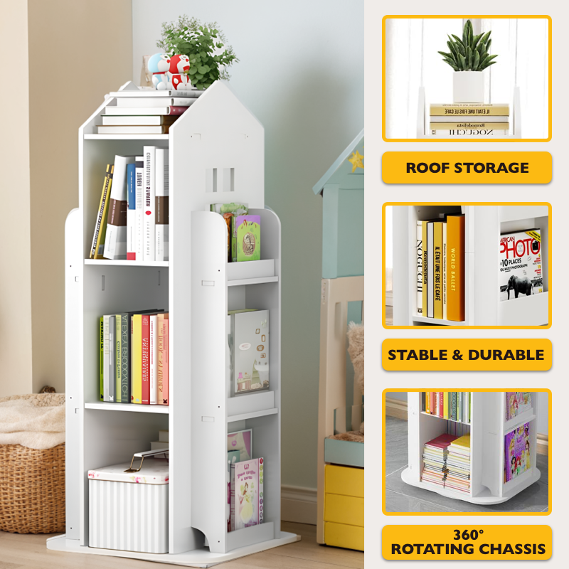 360-Degree Rotating Bookshelf Castle Display Stand, White