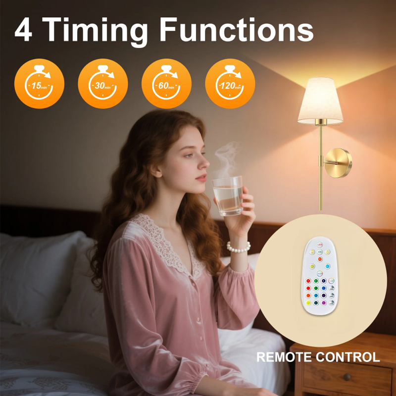 Set of 2 Rechargeable Wall Lamp with Remote Control - Gold