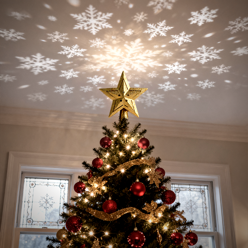 Gold Sparkling LED Christmas Tree Top Star with Projection
