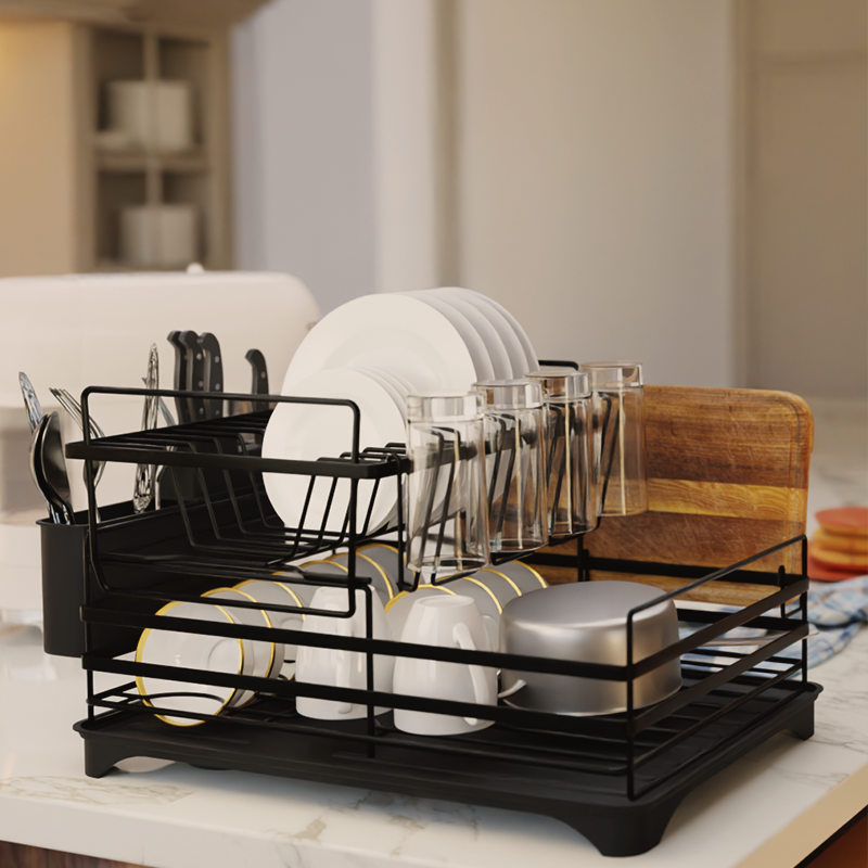 2-Tier Dish Drainer Rack with Kitchen Utensil and Glass Holder