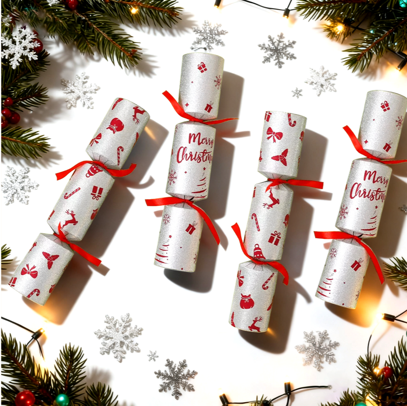 Set of 6 Glitter White Luxury Christmas Crackers