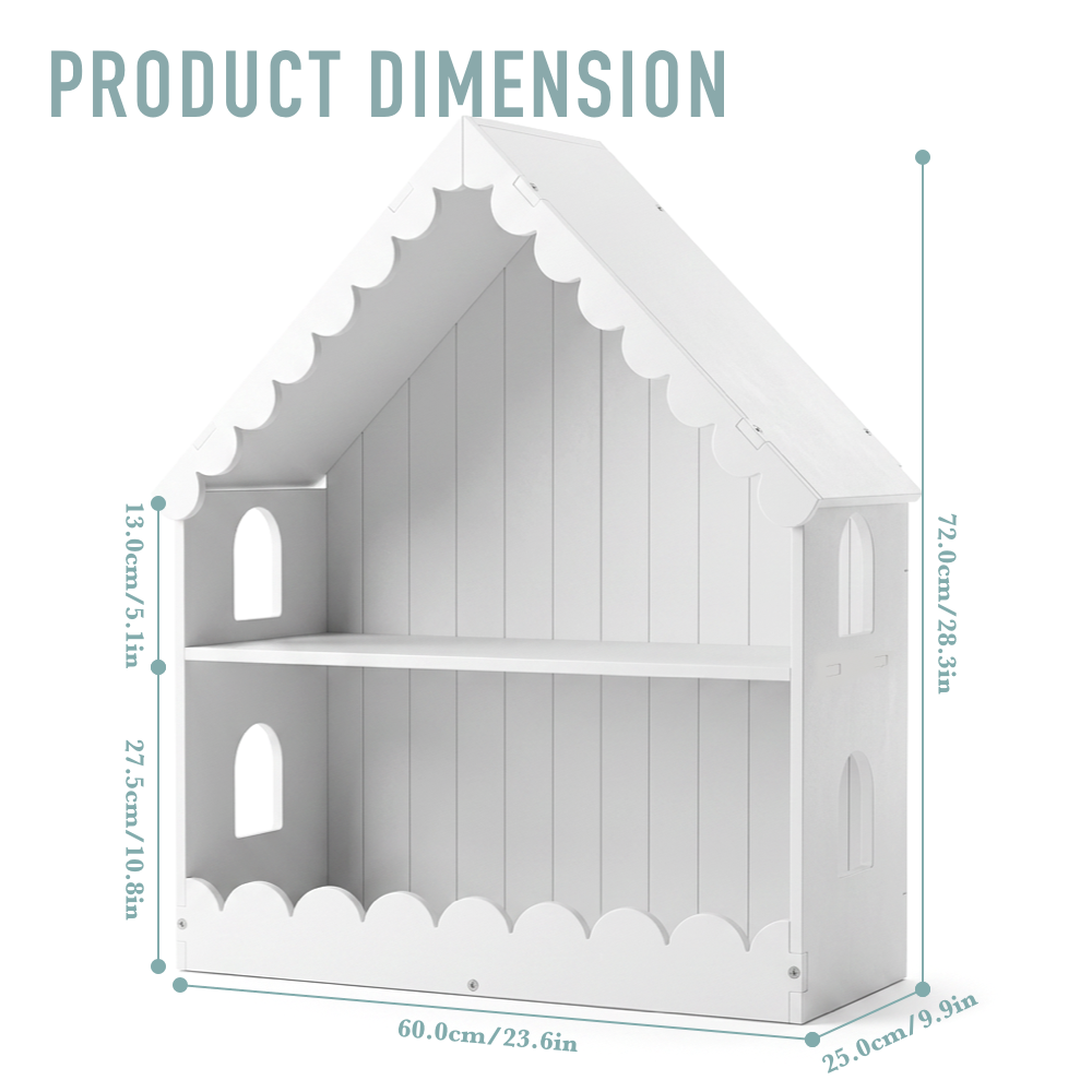 2-Tier Kids Bookshelf House Shaped with Roof and Windows