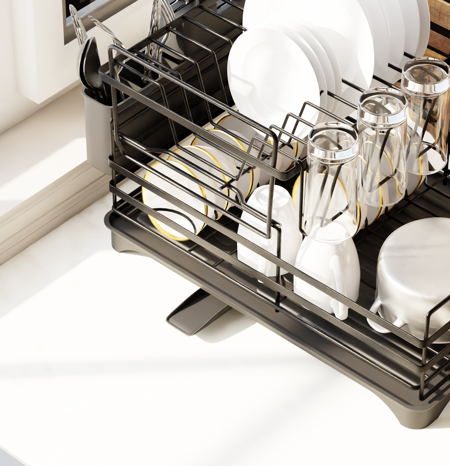 2-Tier Dish Drainer Rack with Kitchen Utensil and Glass Holder