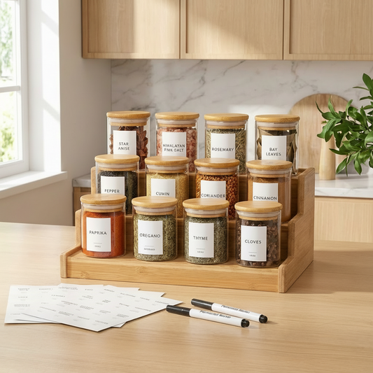 Set of 12 Glass Spice Jars with Lids and Labels
