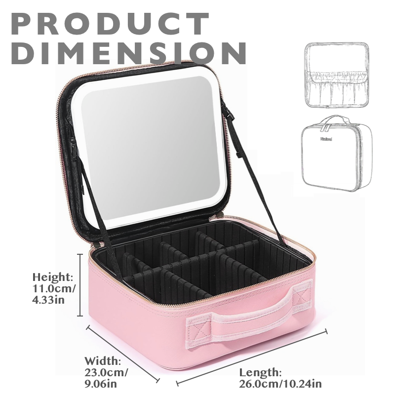 Travel Cosmetic Bag with LED Mirror Makeup Bag - Pink