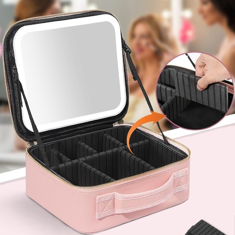 Travel Cosmetic Bag with LED Mirror Makeup Bag - Pink