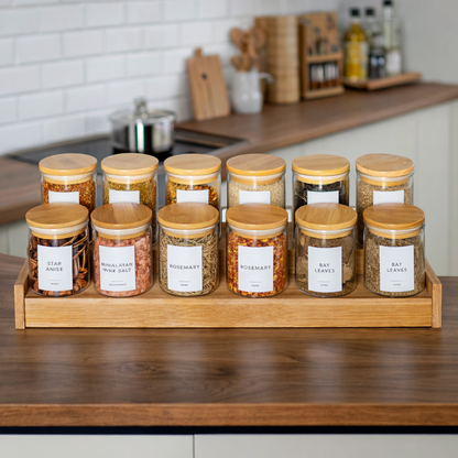 Set of 12 Glass Spice Jars with Lids and Labels