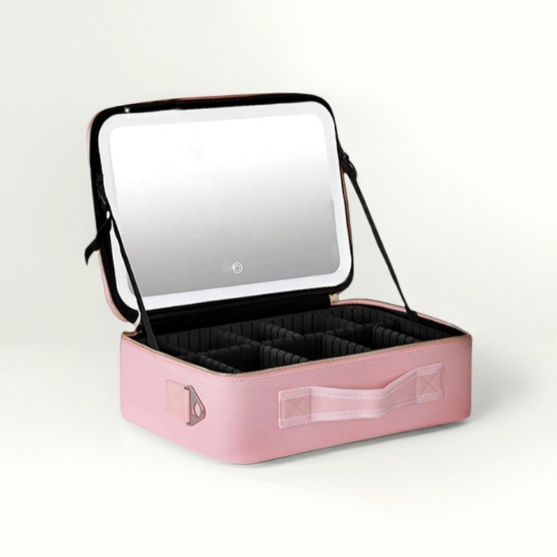 Travel Cosmetic Bag with LED Mirror Makeup Bag - Pink