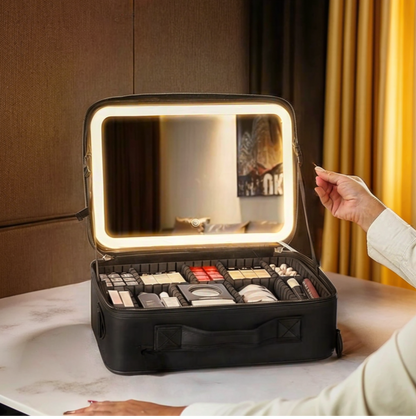 Travel Cosmetic Bag with LED Mirror Makeup Bag - Black