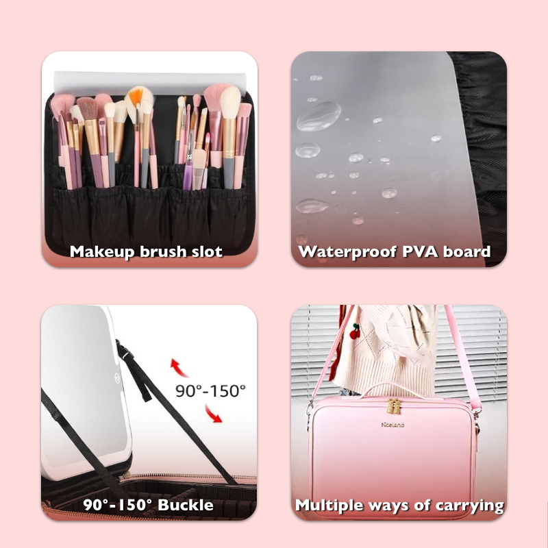 Travel Cosmetic Bag with LED Mirror Makeup Bag - Pink