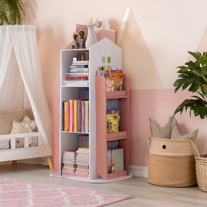 360-Degree Rotating Castle Bookshelf Display Stand, Pink