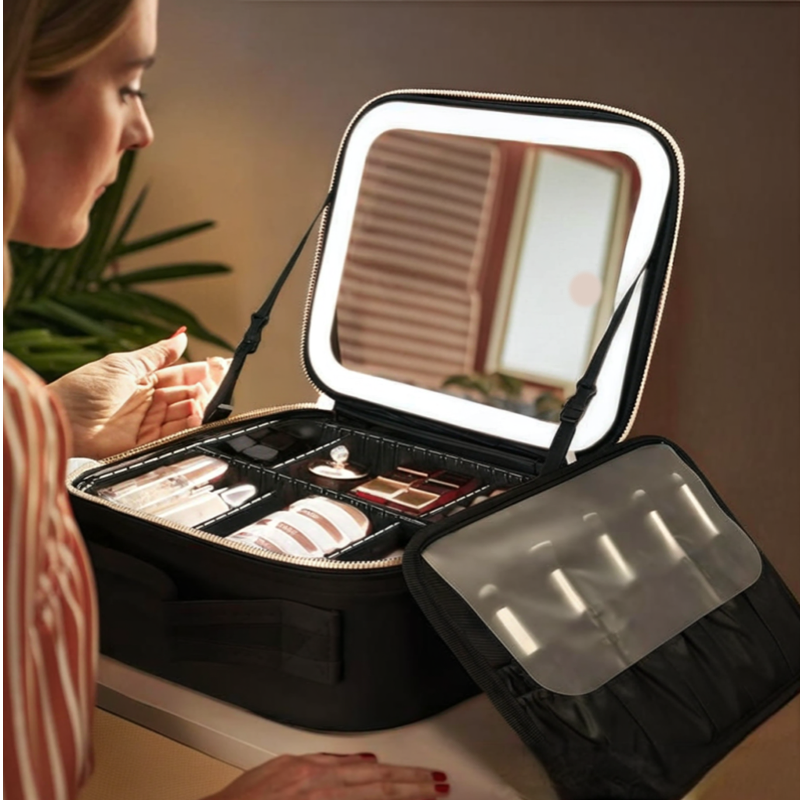Travel Cosmetic Bag with LED Mirror Makeup Bag - Black