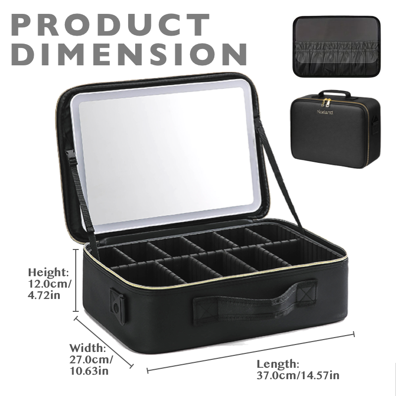 Travel Cosmetic Bag with LED Mirror Makeup Bag - Black