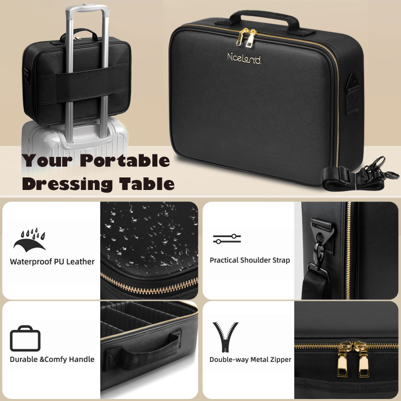 Travel Cosmetic Bag with LED Mirror Makeup Bag - Black