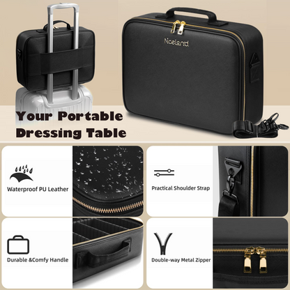 Travel Cosmetic Bag with LED Mirror Makeup Bag - Black