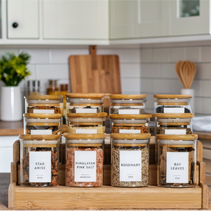 Set of 12 Glass Spice Jars with Lids and Labels