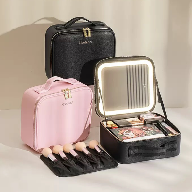 Travel Cosmetic Bag with LED Mirror Makeup Bag - Pink