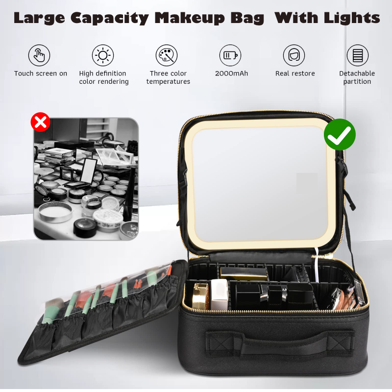 Travel Cosmetic Bag with LED Mirror Makeup Bag - Black