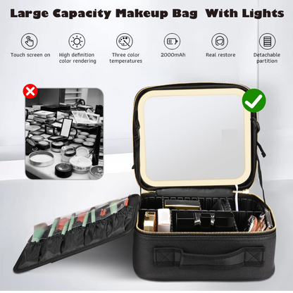 Travel Cosmetic Bag with LED Mirror Makeup Bag - Black