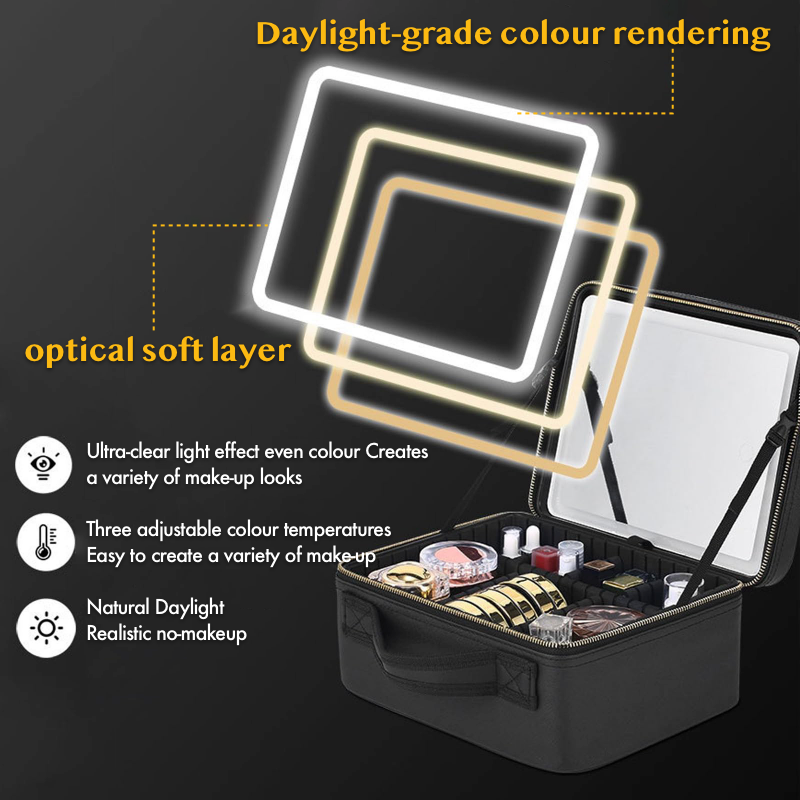 Travel Cosmetic Bag with LED Mirror Makeup Bag - Black