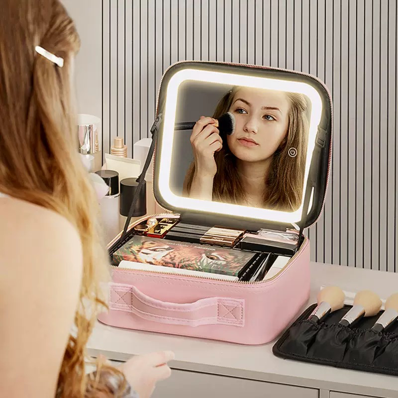 Travel Cosmetic Bag with LED Mirror Makeup Bag - Pink