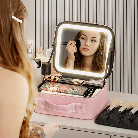 Travel Cosmetic Bag with LED Mirror Makeup Bag - Pink
