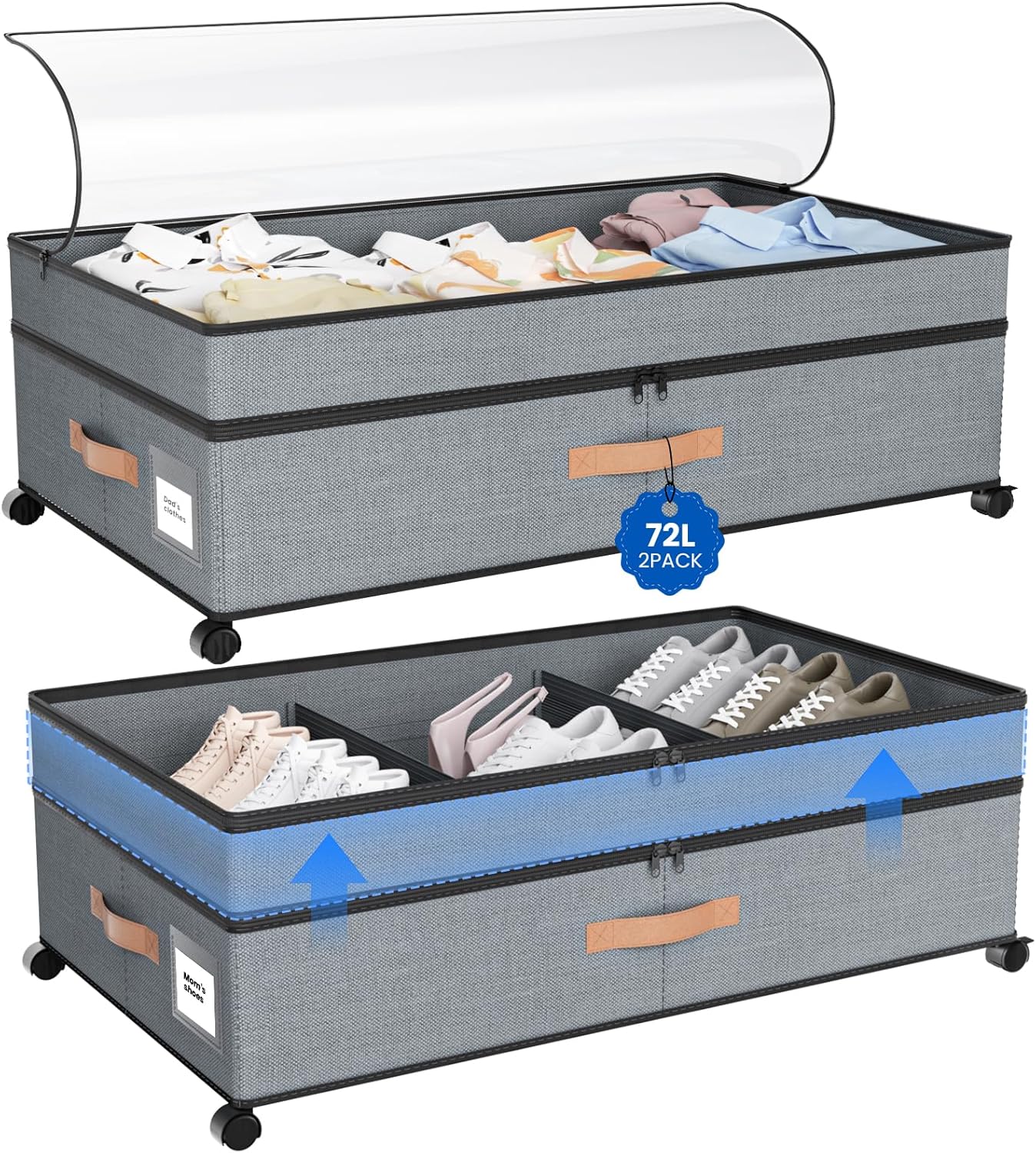 2 Pack 72L Under Bed Storage with Wheels
