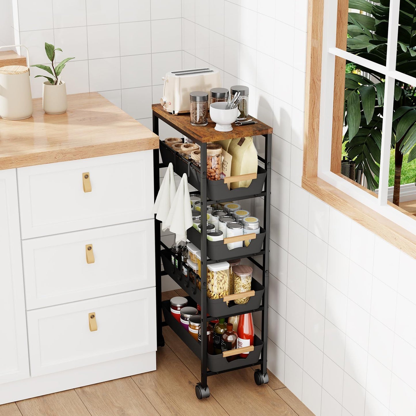 5-Tier Slim Storage Trolley with Wooden Top