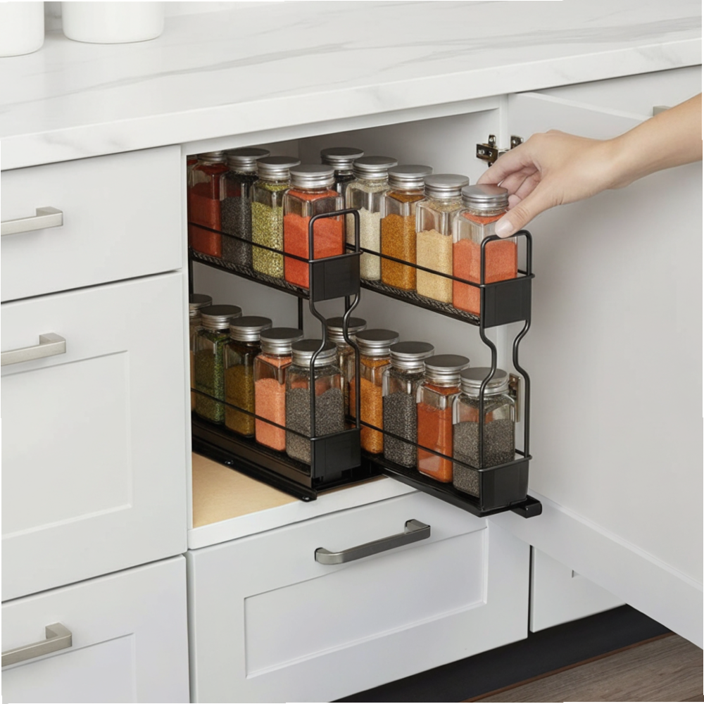 Slide-Out Double-Layer Spice Rack for Kitchen Cabinets