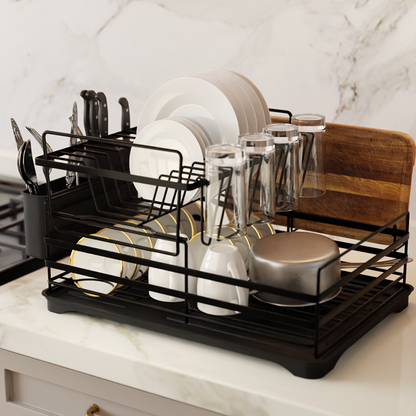 2-Tier Dish Drainer Rack with Kitchen Utensil and Glass Holder