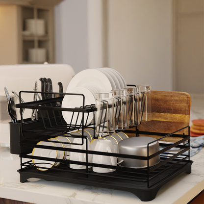 2-Tier Dish Drainer Rack with Kitchen Utensil and Glass Holder
