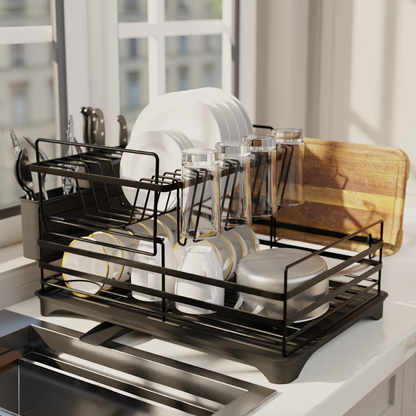 2-Tier Dish Drainer Rack with Kitchen Utensil and Glass Holder