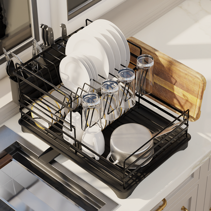 2-Tier Dish Drainer Rack with Kitchen Utensil and Glass Holder