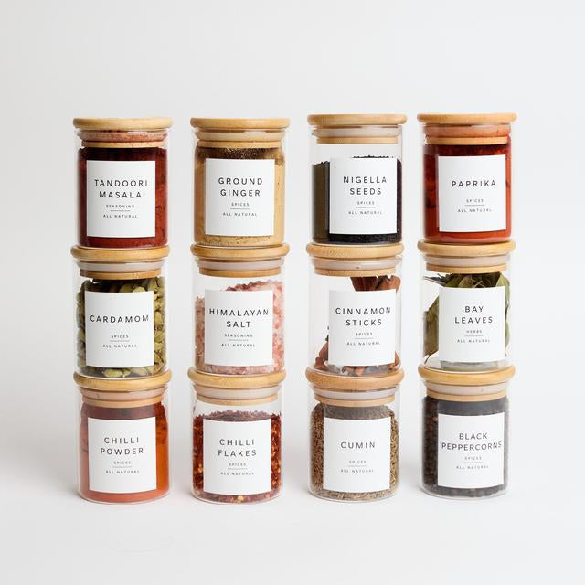 Set of 12 Glass Spice Jars with Lids and Labels