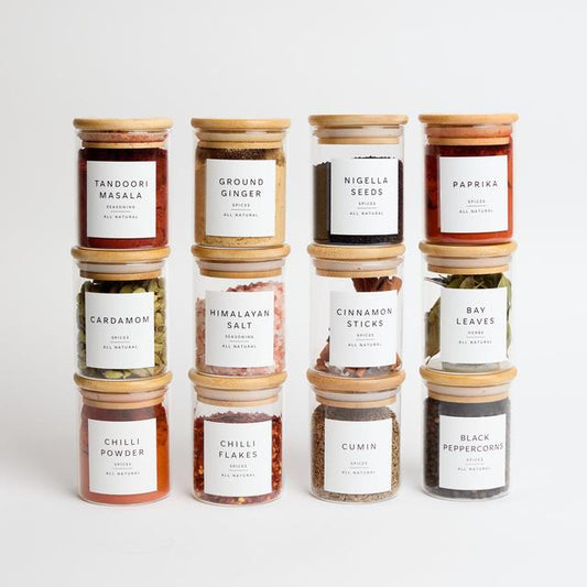 Set of 12 Glass Spice Jars with Lids and Labels