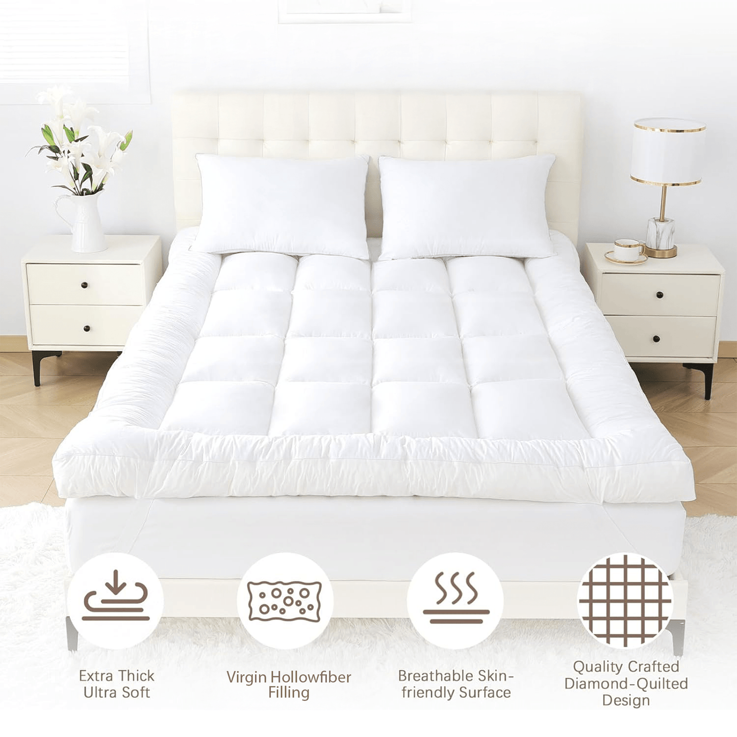 Mattress Topper with Hotel Quality, Super Soft & Brushed Microfiber Top with Hollowfiber Filling