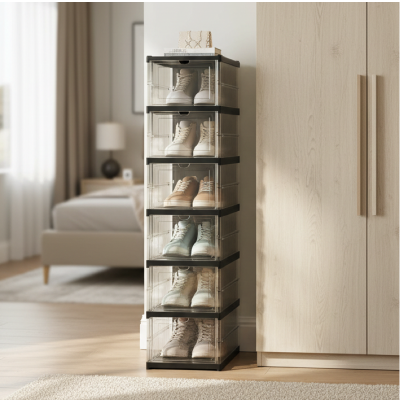 6-Tier Foldable Shoe Storage Box Unit, Black