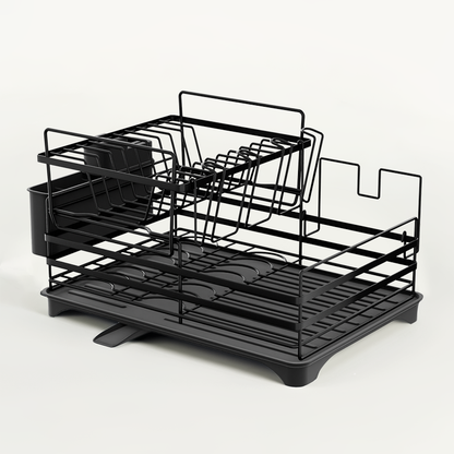 2-Tier Dish Drainer Rack with Kitchen Utensil and Glass Holder