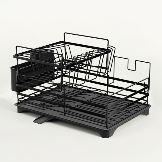 2-Tier Dish Drainer Rack with Kitchen Utensil and Glass Holder