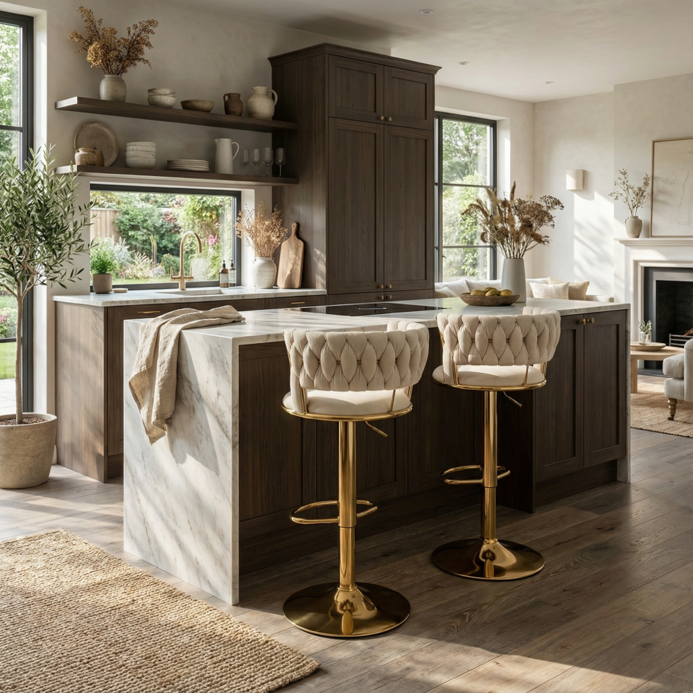 Adjustable Swivel Upholstered Bar Stools Cream
