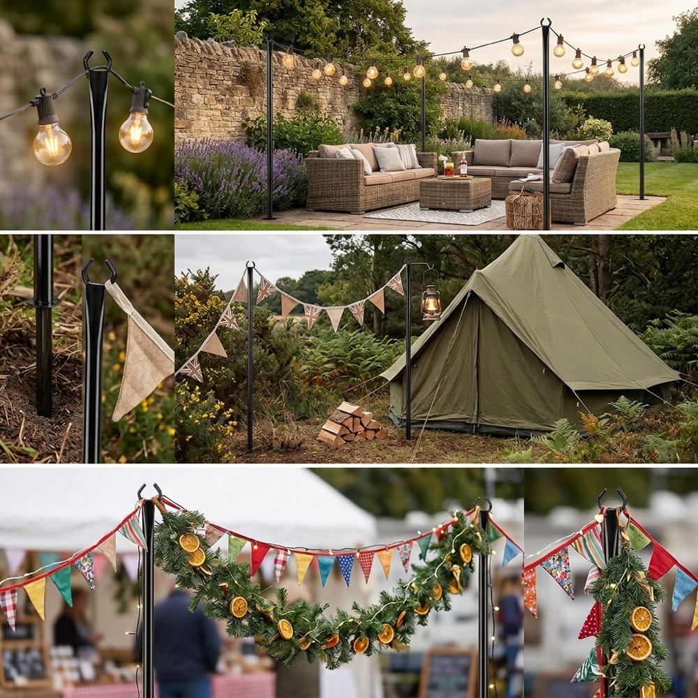 3m Outdoor String Light Poles with Hooks for Garden Decor
