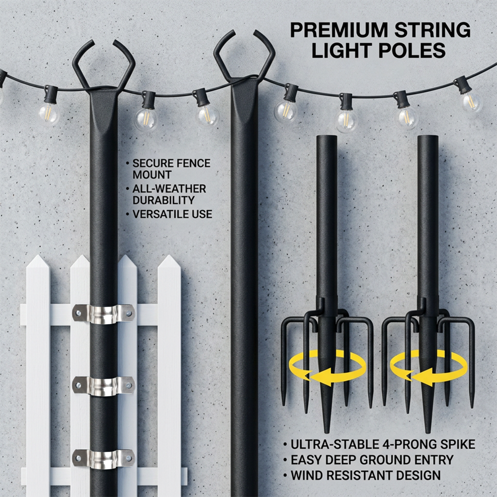 3m Outdoor String Light Poles with Hooks for Garden Decor