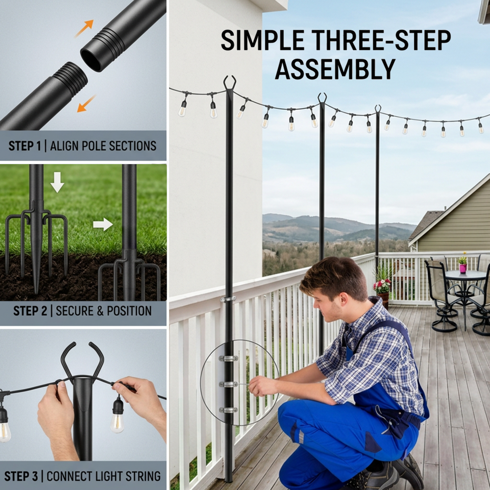 3m Outdoor String Light Poles with Hooks for Garden Decor