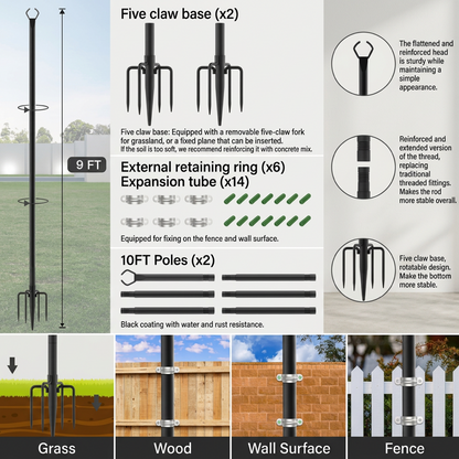 3m Outdoor String Light Poles with Hooks for Garden Decor