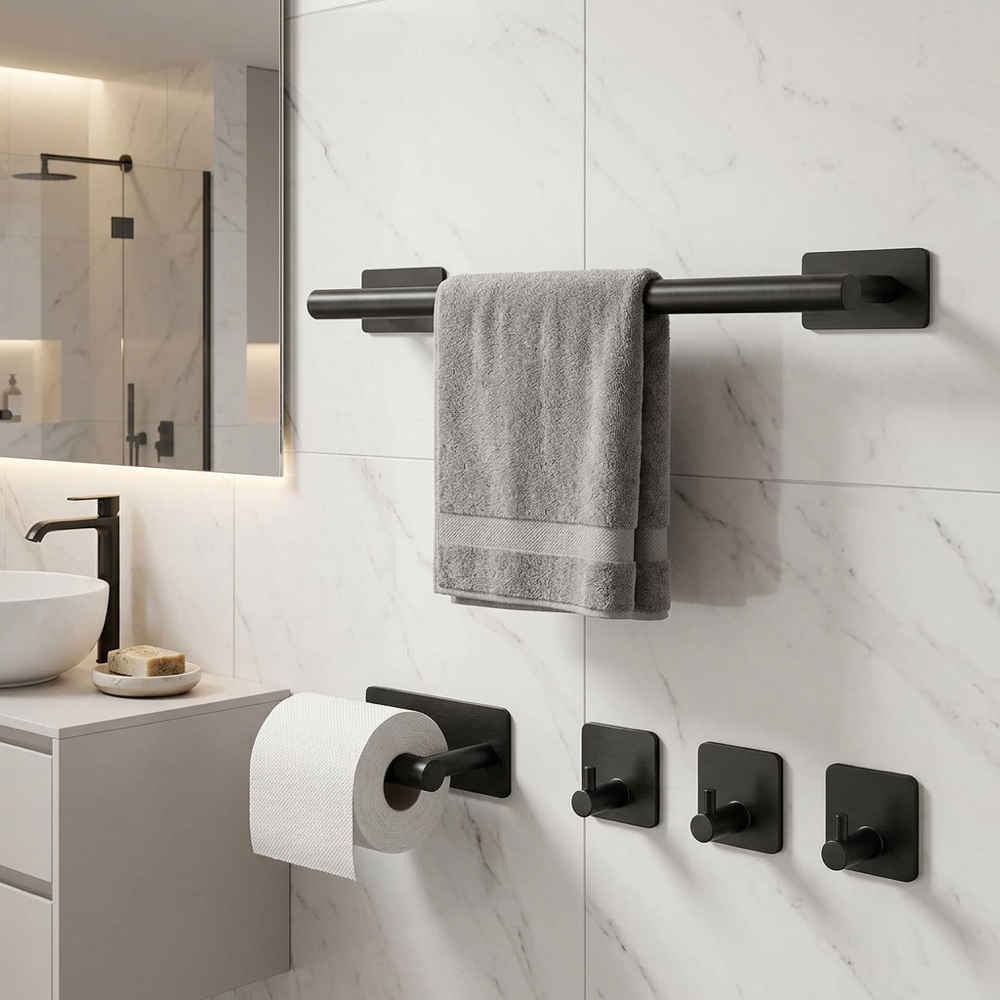 5-Piece  Self-Adhesive Bathroom Accessories Set, Black
