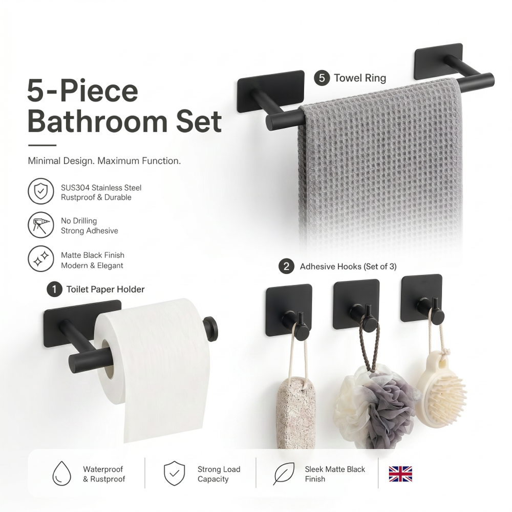 5-Piece  Self-Adhesive Bathroom Accessories Set, Black